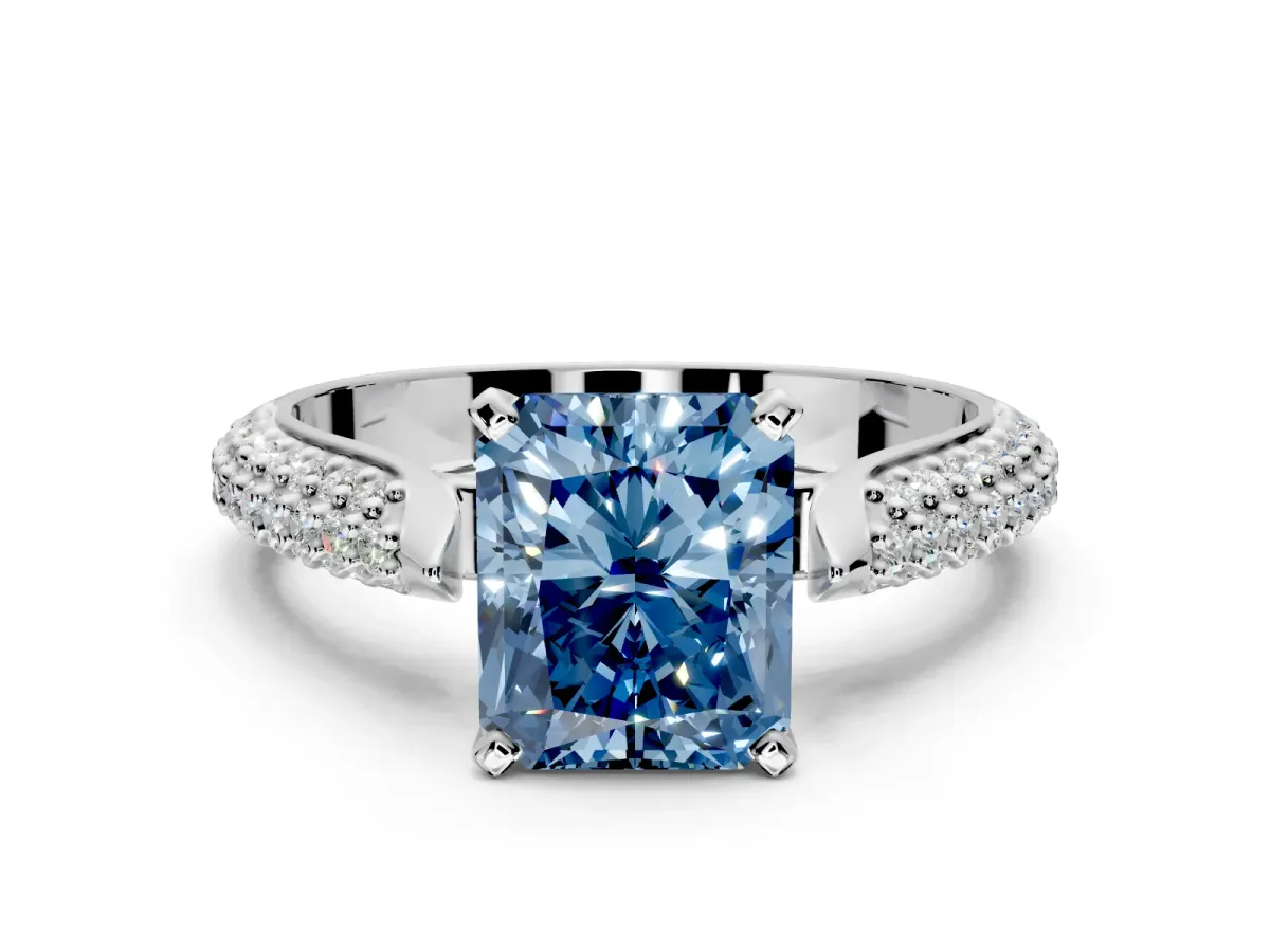 Solitaire Engagement Ring Setting for Fancy Blue Radiant Cut Center with Multi-Row Accents and Prong Head in Platinum