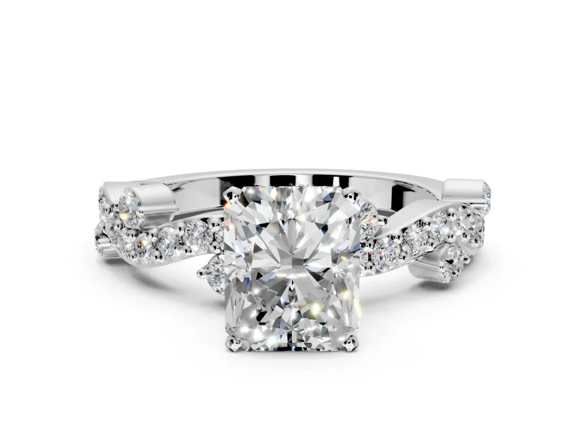 Solitaire Engagement Ring Setting for Radiant Cut Center with Bar-Station Pave Twist and Prong Head in Sterling Silver