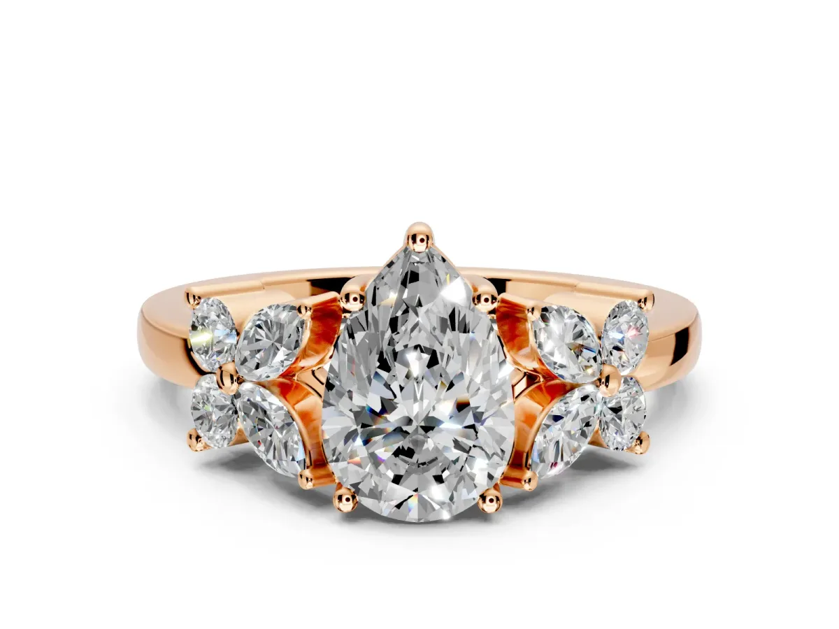 Floral Engagement Ring Setting for Pear-Shaped Center with Marquise Cluster Shoulders and Prong Head in Rose Gold