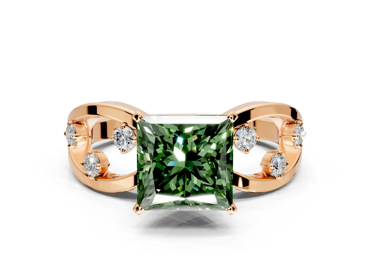 Solitaire Engagement Ring Setting for Fancy Green Princess Cut Center with Criss-Cross Accent Band and Prong Head in Rose Gold