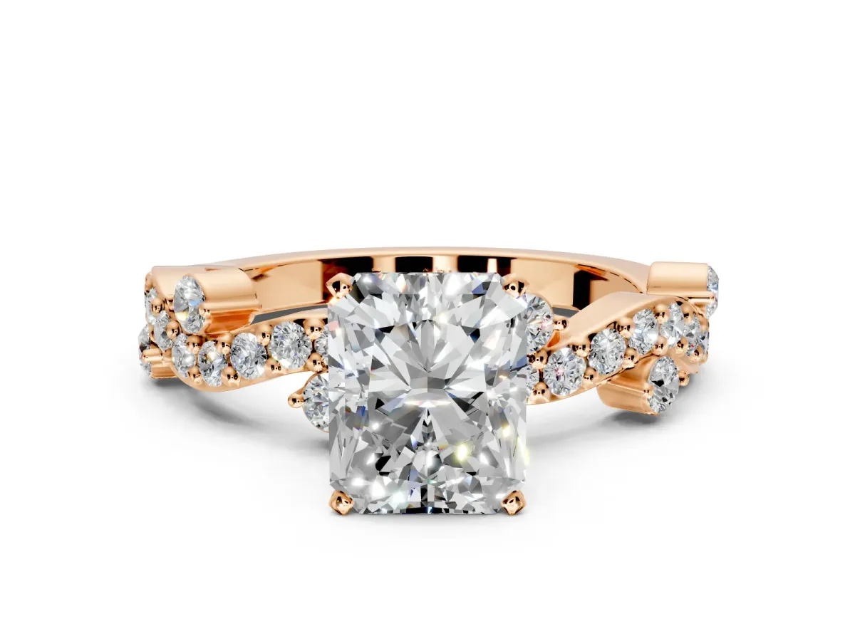 Solitaire Engagement Ring Setting for Radiant Cut Center with Bar-Station Pave Twist and Prong Head in Rose Gold