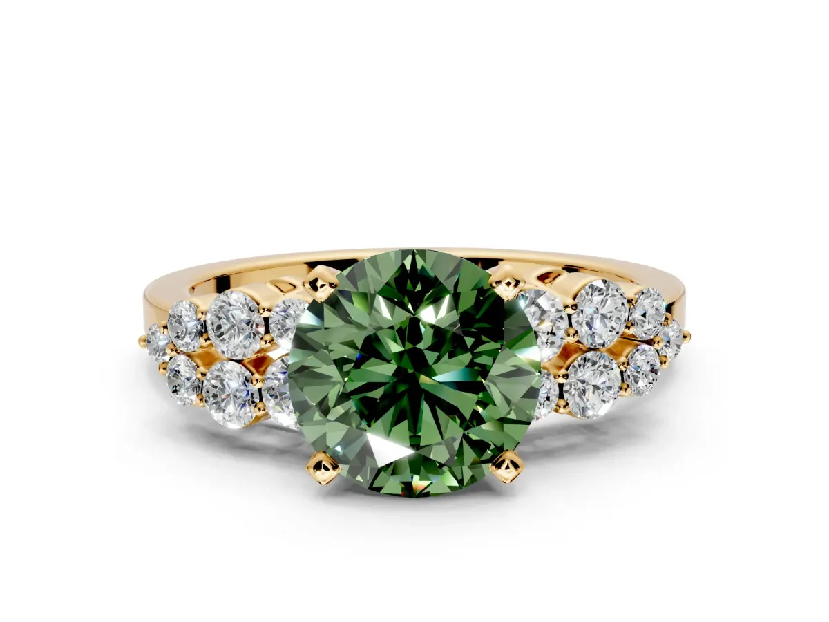 Cluster Engagement Ring Setting for Fancy Green Round Cut Center with 2-Row Shoulder Clusters and Prong Head in Yellow Gold