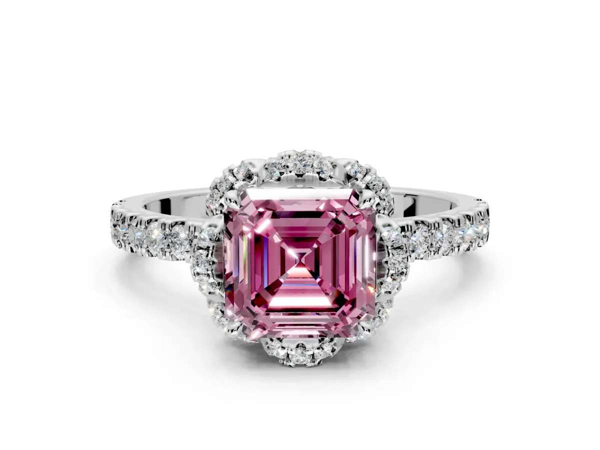 Halo Engagement Ring Setting for Fancy Pink Asscher Cut Center with Openwork Halo, Pave Band and Prong Head in White Gold