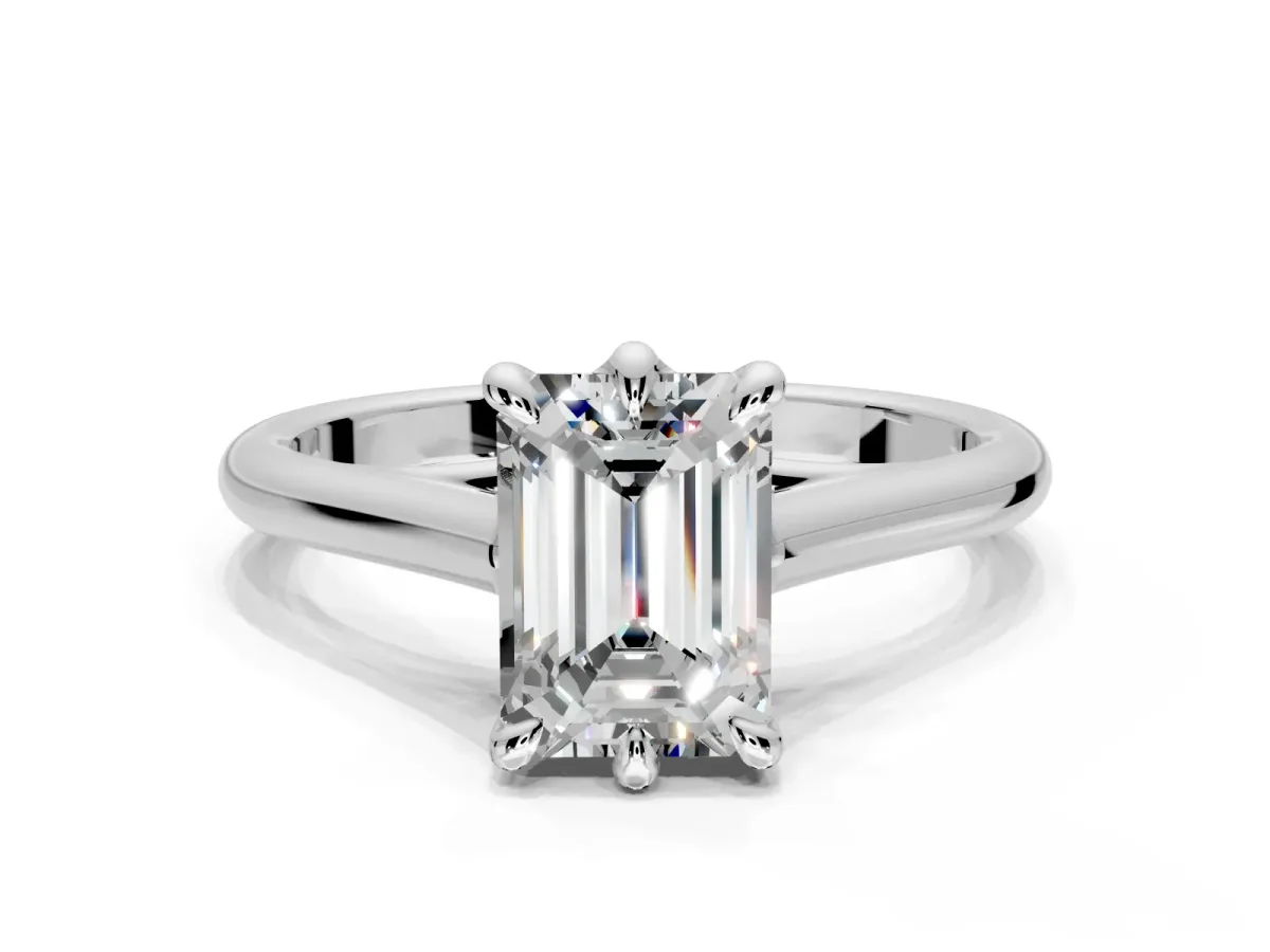 Solitaire Engagement Ring Setting for Emerald Cut Center with Cathedral Band and Prong Head in White Gold