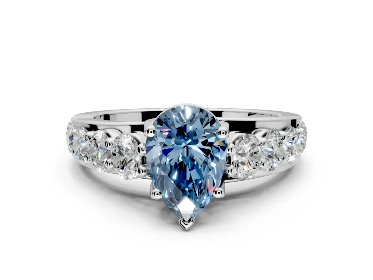 Solitaire Engagement Ring Setting for Fancy Blue Pear-Shaped Center with Graduated Shared Prongs and Prong Head in White Gold