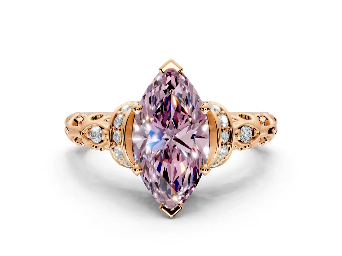 Solitaire Engagement Ring Setting for Fancy Pink Marquise Center with Filigree Band and Prong Head in Rose Gold