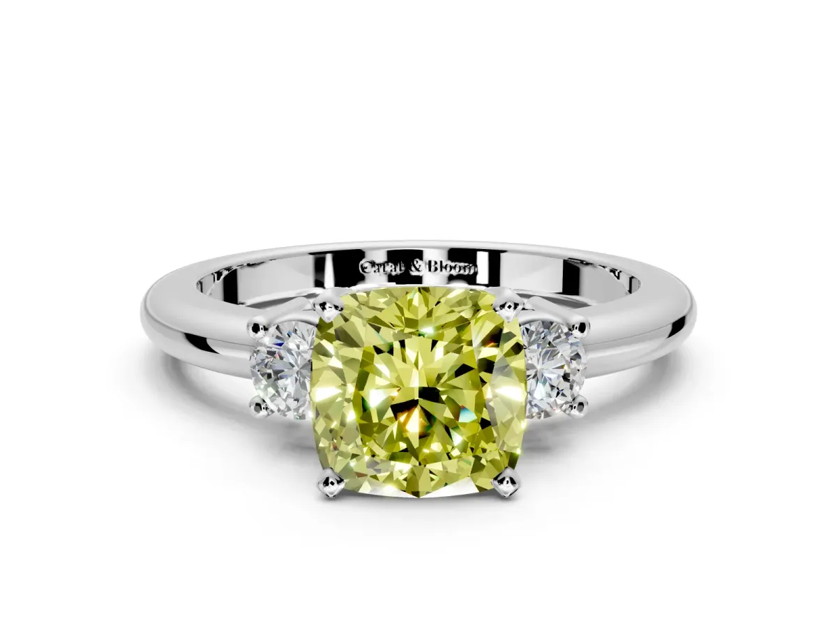 3 Stone Engagement Ring Setting for Fancy Yellow Cushion Cut Center with Wide Plain Band and Prong Head in Sterling Silver