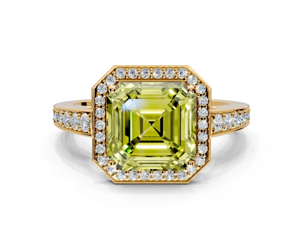 Bezel-Framed Halo Engagement Ring Setting for Fancy Yellow Asscher Cut Center with Pave Band and Prong Head in Yellow Gold