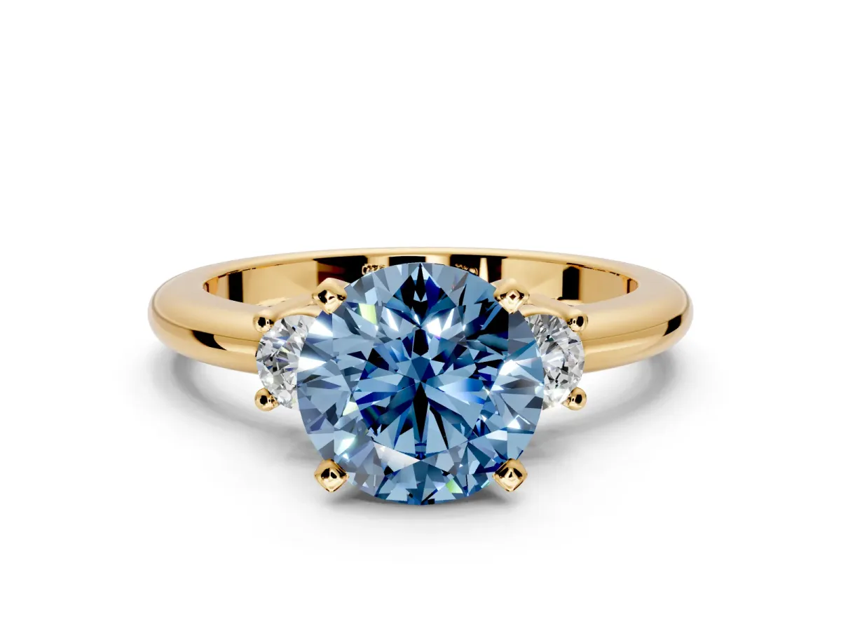 3 Stone Engagement Ring Setting for Fancy Blue Round Cut Center with Wide Plain Band and Prong Head in Yellow Gold