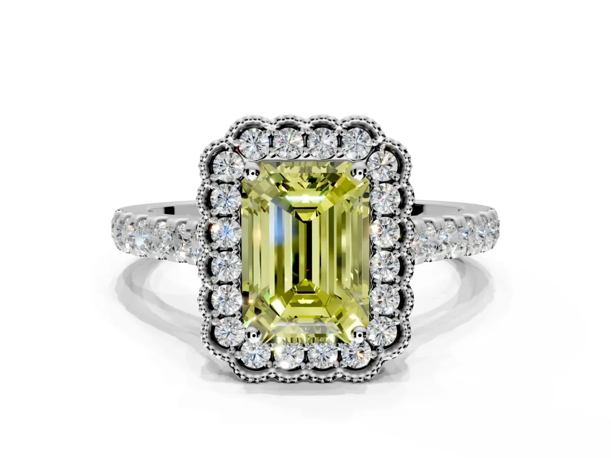 Milgrain Floral Halo Engagement Ring Setting for Fancy Yellow Emerald Cut Center with Pave Band and Prong Head in Platinum