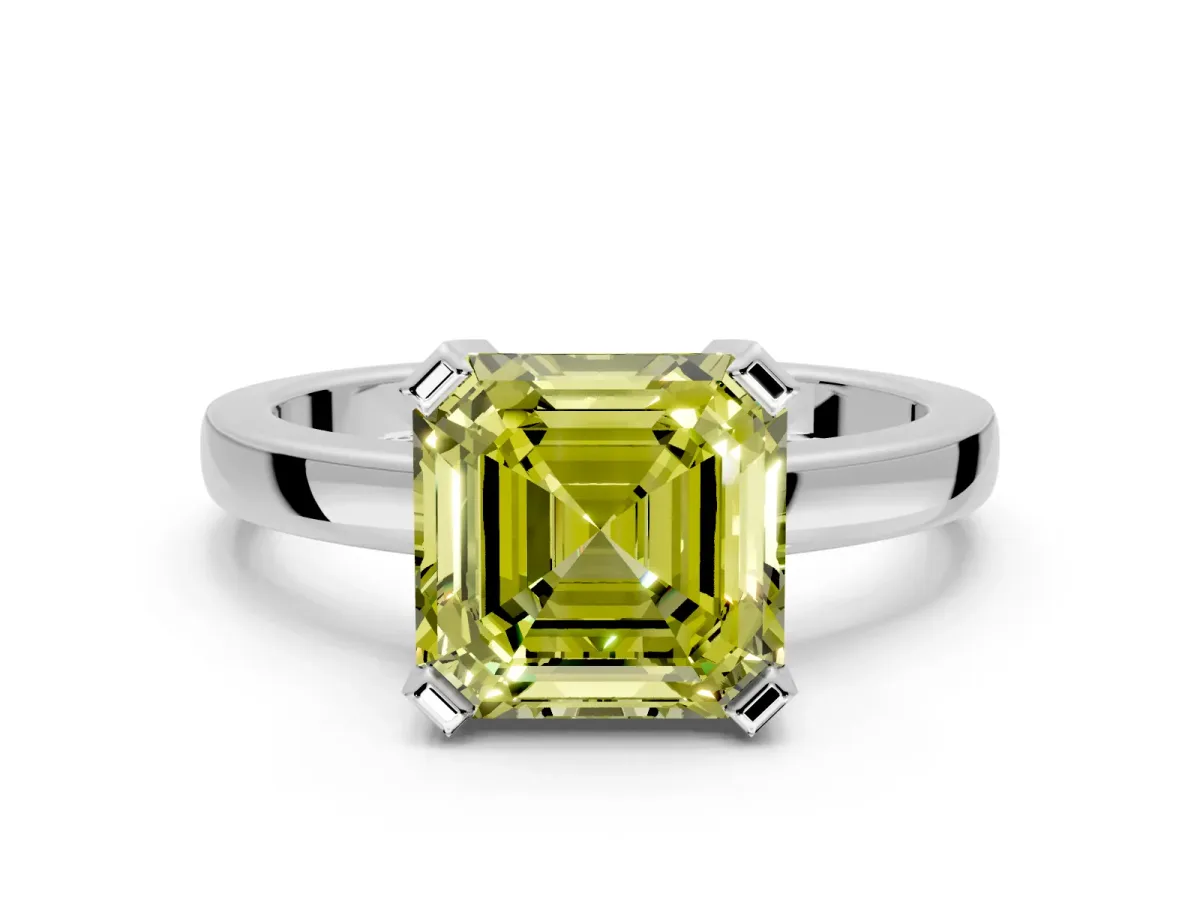 Solitaire Engagement Ring Setting for Fancy Yellow Asscher Cut Center with Plain Band and Flat Tab Prong Head in Sterling Silver
