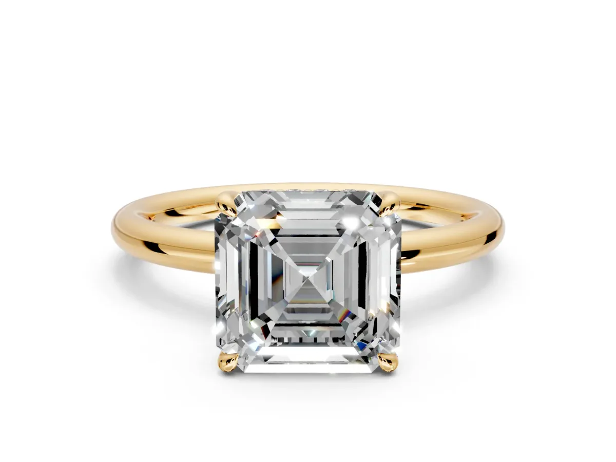 Hidden Halo Engagement Ring Setting for Asscher Cut Center with Thin Rounded Band and Prong Head in Yellow Gold