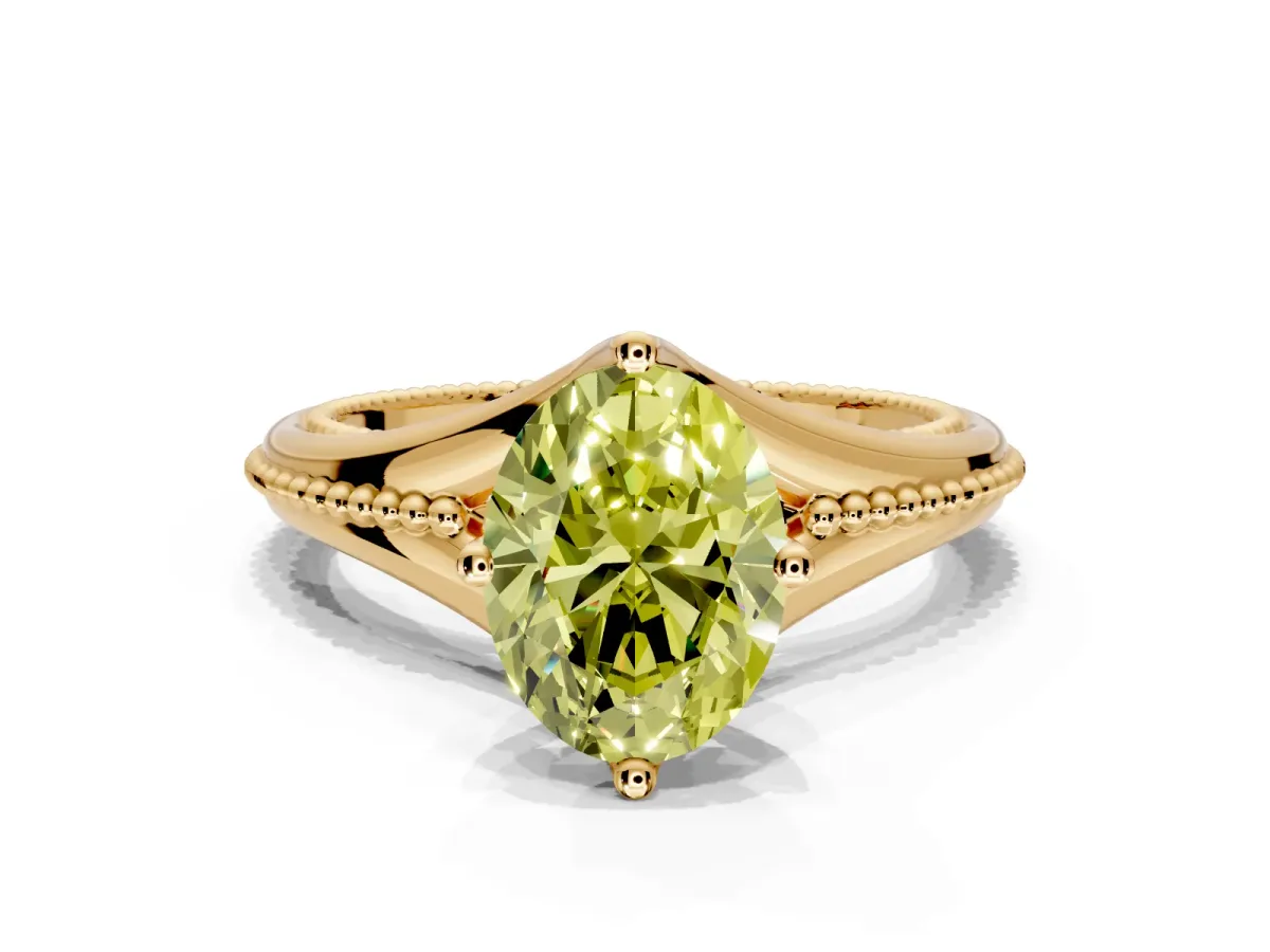 Solitaire Engagement Ring Setting for Fancy Yellow Oval Center with Milgrain Cathedral Band and Prong Head in Yellow Gold