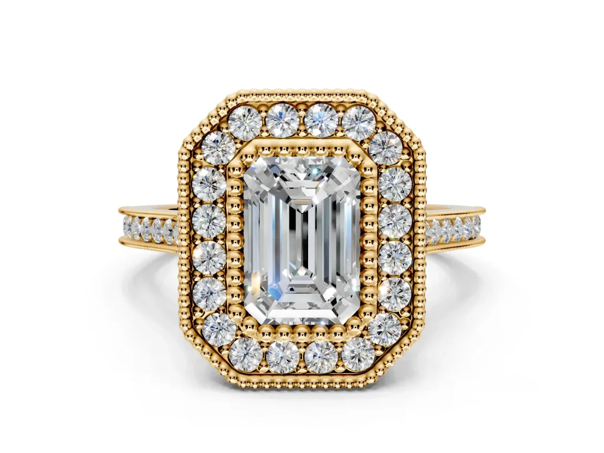 Halo Engagement Ring Setting for Emerald Cut Center with Milgrain Frame, Pave Band and Prong Head in Yellow Gold
