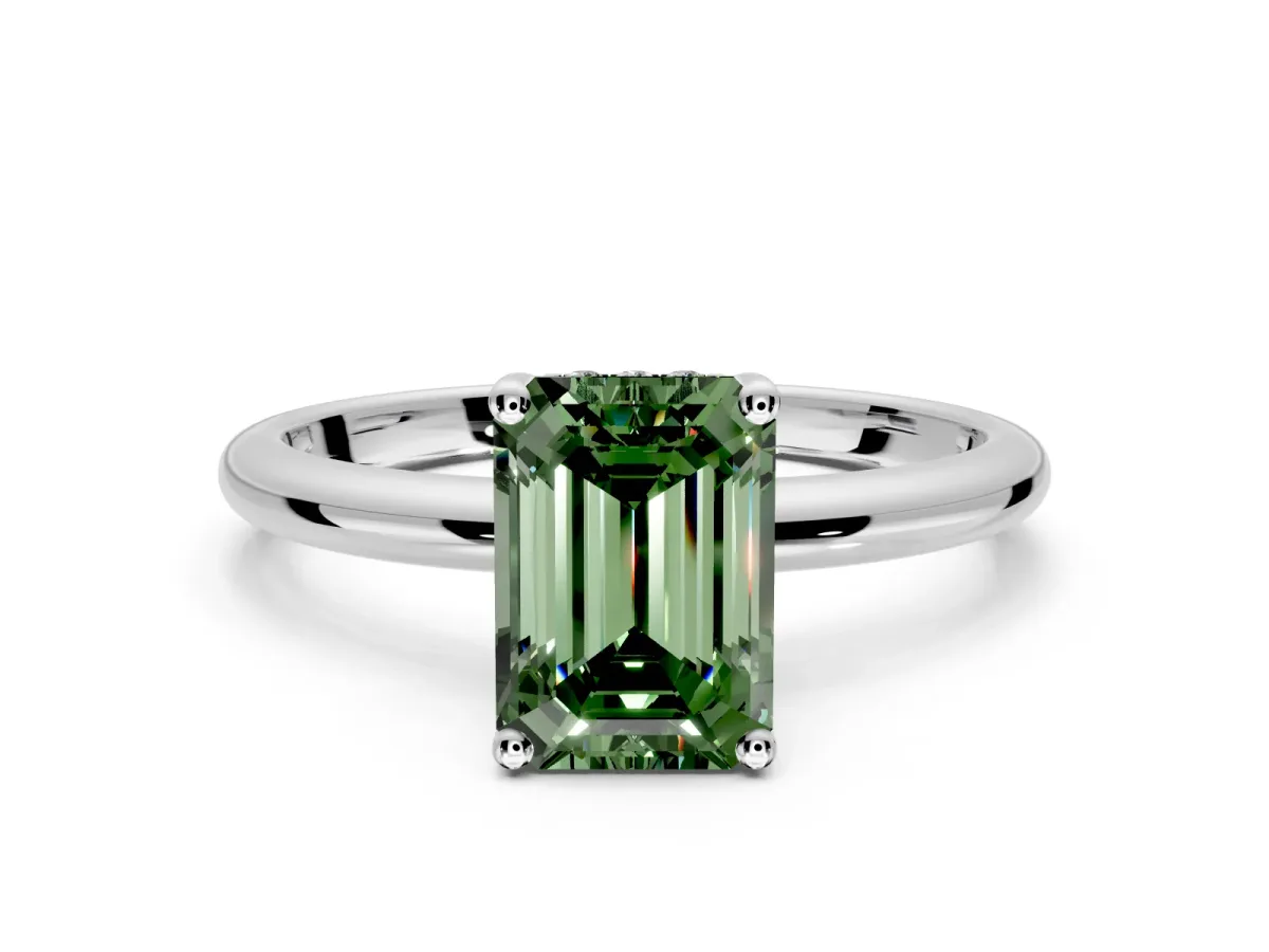 Hidden Halo Engagement Ring Setting for Fancy Green Emerald Cut Center with Thin Round-Wire Band and Prong Head in Platinum