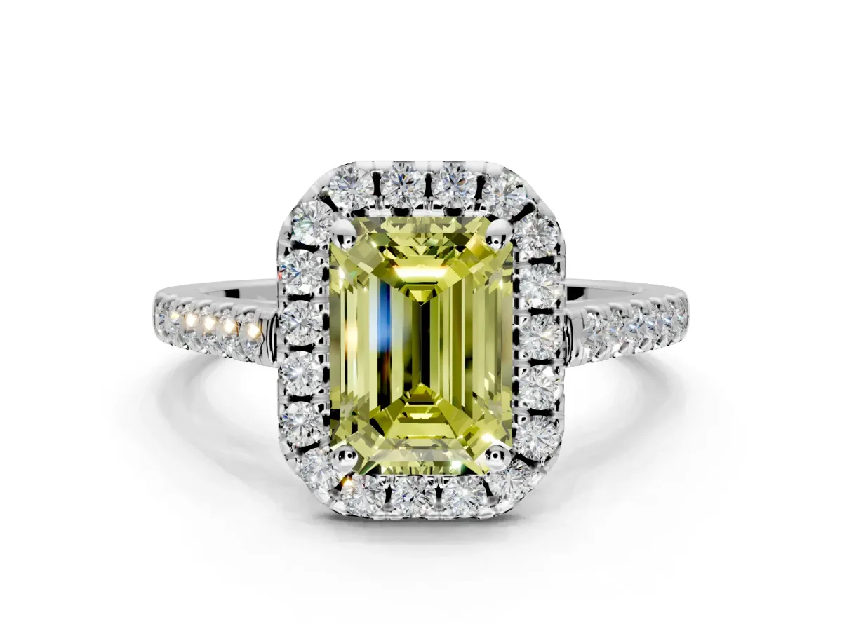 Halo Engagement Ring Setting for Fancy Yellow Emerald Cut Center with Raised Halo, Pave Band and Prong Head in Sterling Silver