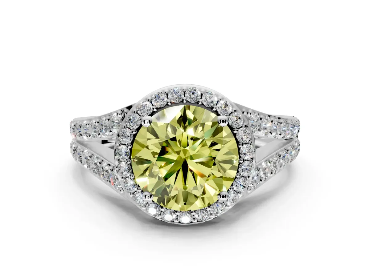 Halo Engagement Ring Setting for Fancy Yellow Round Cut Center with Narrow Pave Split Shank and Prong Head in Platinum
