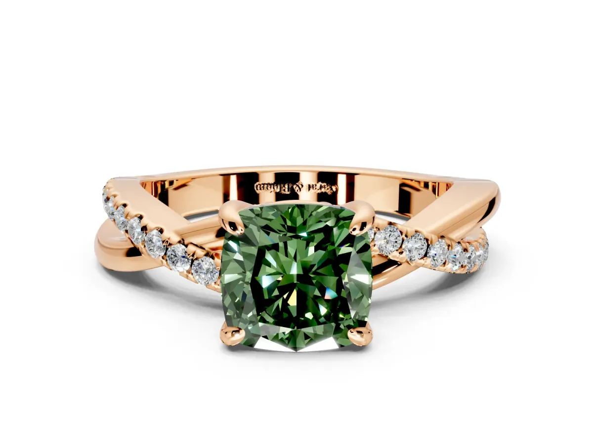 Solitaire Engagement Ring Setting for Fancy Green Cushion Cut Center with Half-Pave Crossover Band and Prong Head in Rose Gold