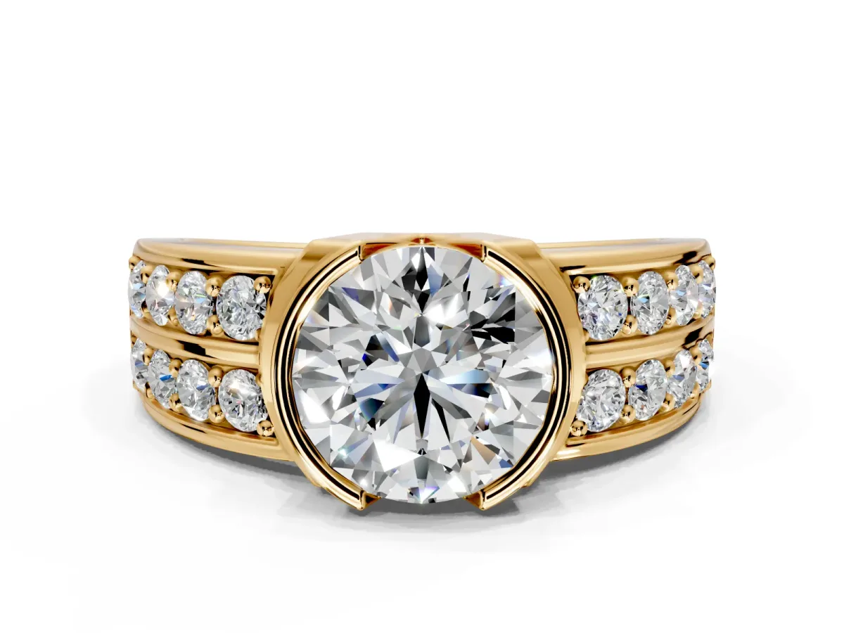 Bezel Engagement Ring Setting for Round Cut Center with Wide Channel-Set Band and Bezel Head in Yellow Gold