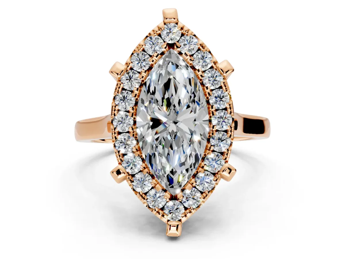 Single Halo Engagement Ring Setting for Marquise Center with Corner Claws, Plain Band and Prong Head in Rose Gold