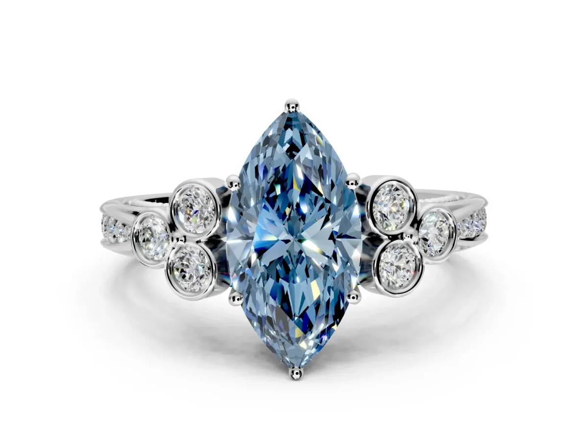 Cluster Engagement Ring Setting for Fancy Blue Marquise Center with Bezel Accent Clusters and Prong Head in Platinum