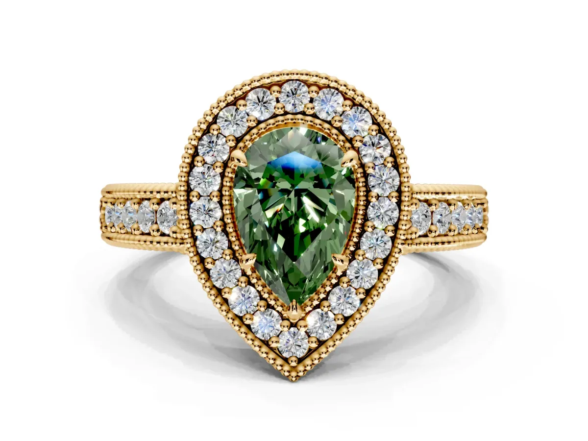 Milgrain Halo Engagement Ring Setting for Fancy Green Pear-Shaped Center with Pave Band and Prong Head in Yellow Gold