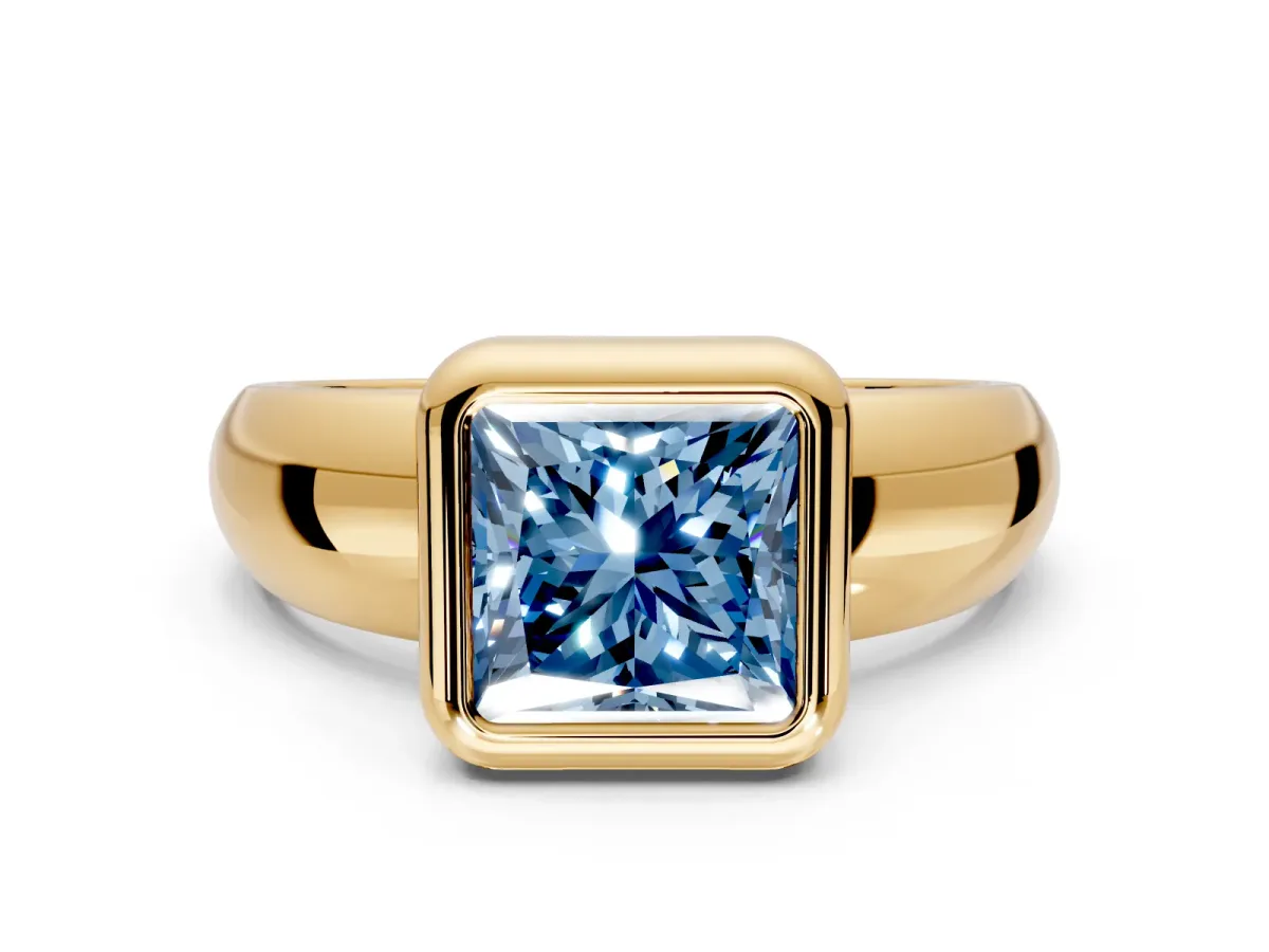 Solitaire Engagement Ring Setting for Fancy Blue Princess Cut Center with Wide Band and Bezel Head in Yellow Gold