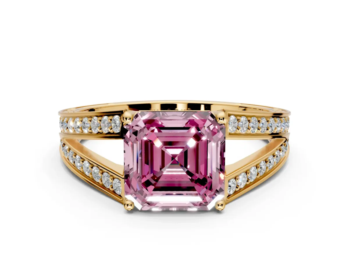 Split Shank Engagement Ring Setting for Fancy Pink Asscher Cut Center with Pave Split Shank and Prong Head in Yellow Gold