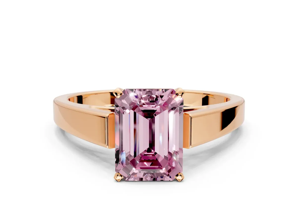 Solitaire Engagement Ring Setting for Fancy Pink Emerald Cut Center with Tapered Split Shoulders and Prong Head in Rose Gold
