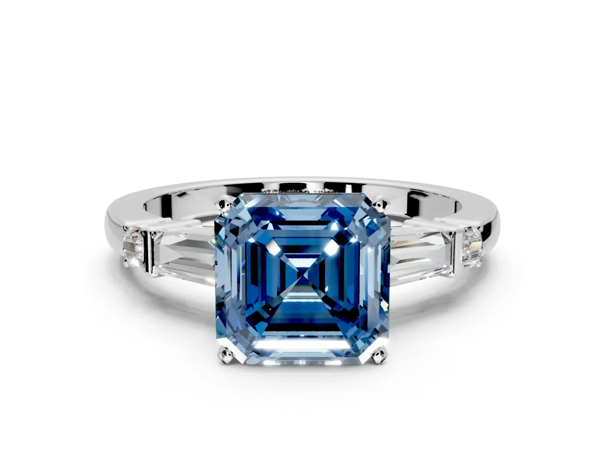 Bar-Set Engagement Ring Setting for Fancy Blue Asscher Cut Center with Tapered Baguette Accents and Prong Head in Platinum