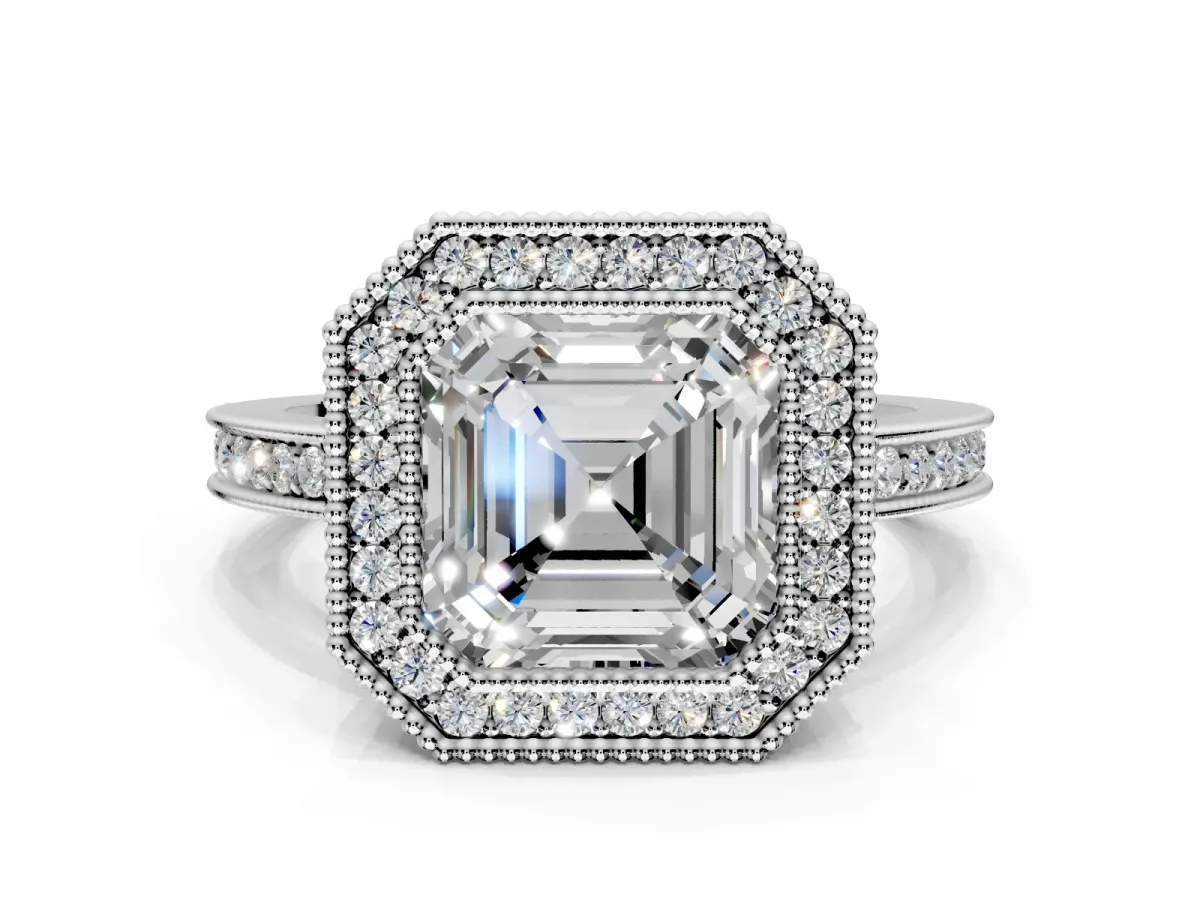 Halo Engagement Ring Setting for Asscher Cut Center with Milgrain Halo, Pave Band and Prong Head in Sterling Silver