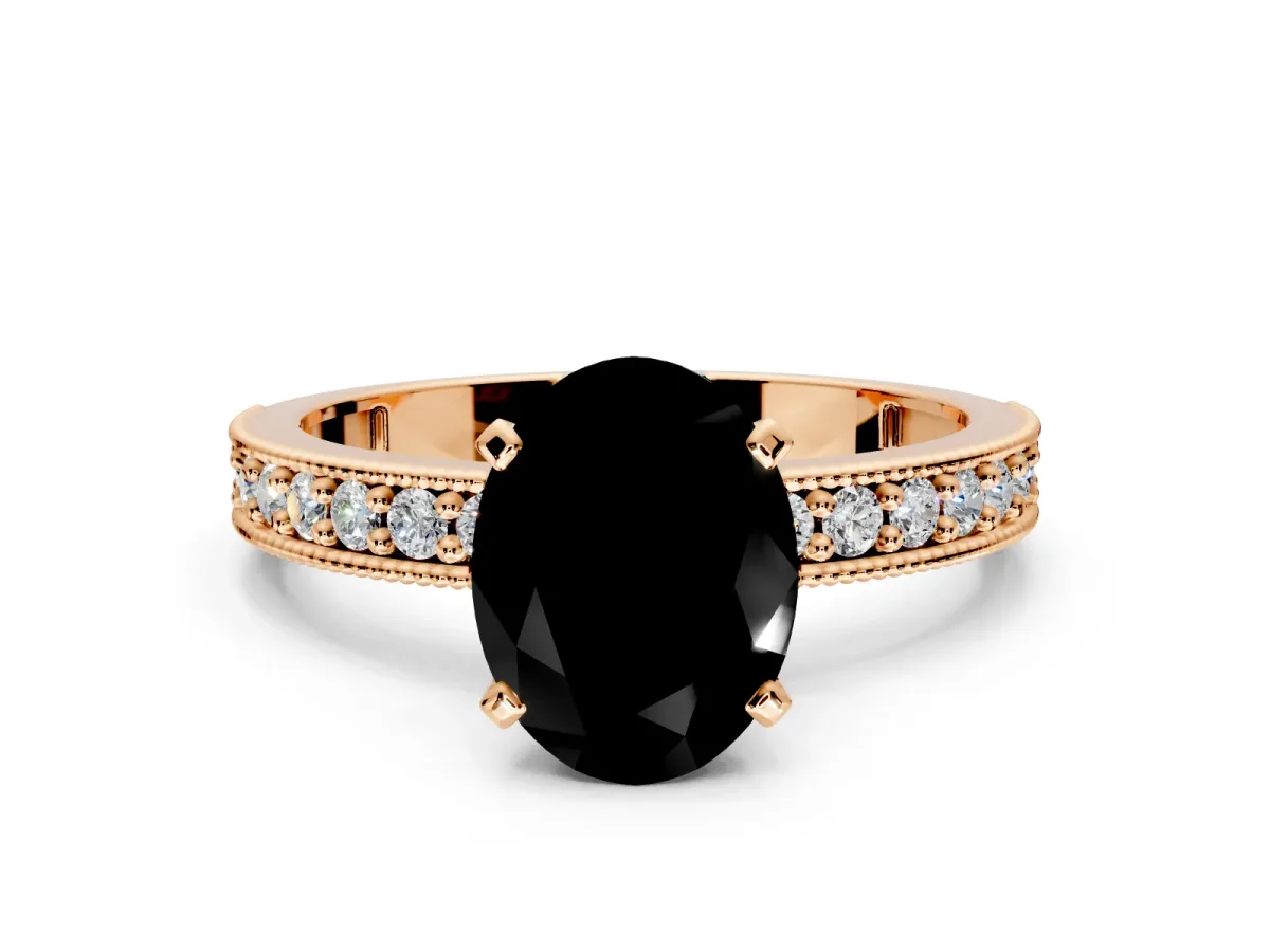Milgrain Pave Engagement Ring Setting for Fancy Black Oval Center with Accent Band and Prong Head in Rose Gold