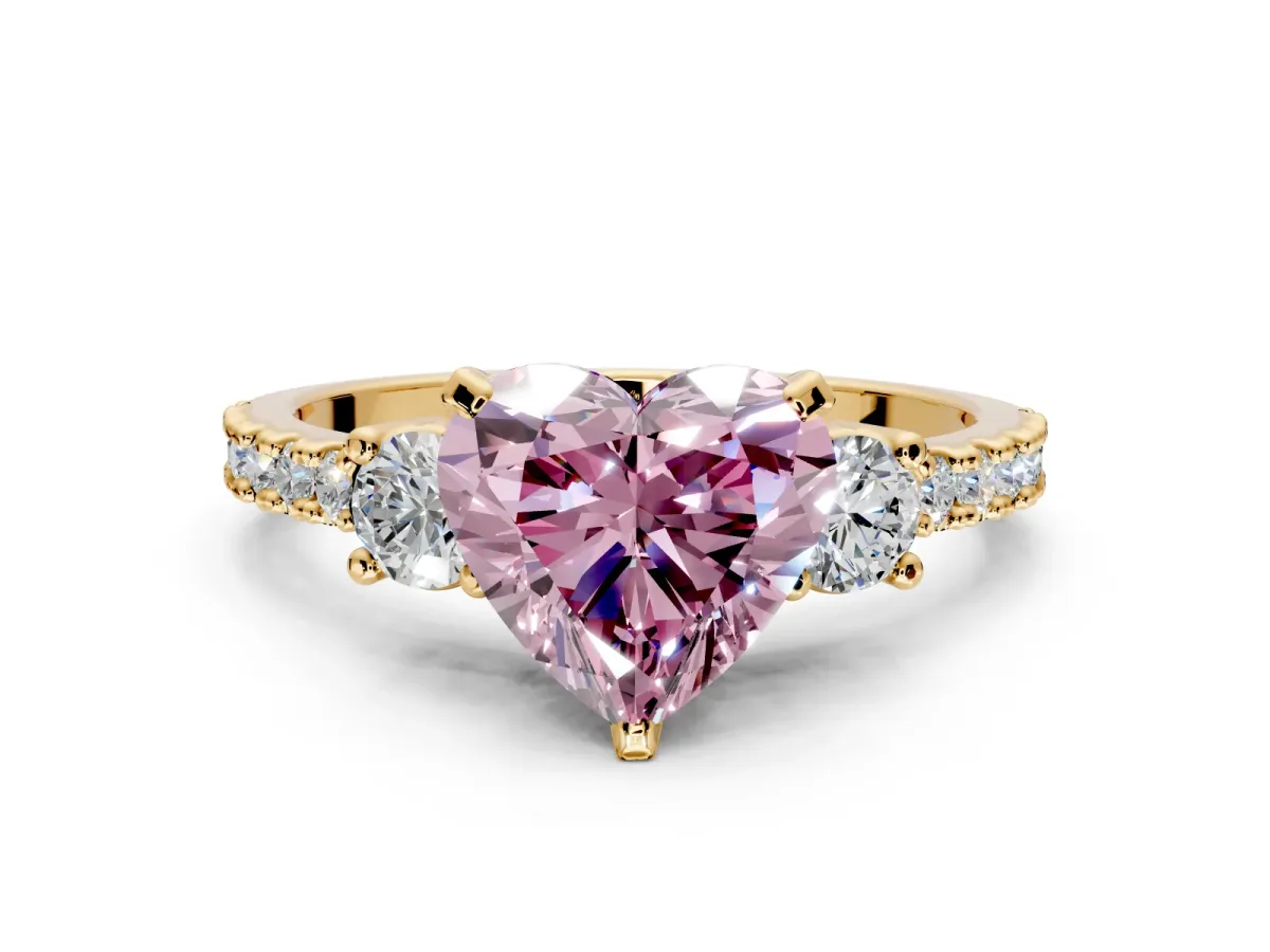 3 Stone Engagement Ring Setting for Fancy Pink Heart-Shaped Center with Round Cut Side Accents and Prong Head in Yellow Gold