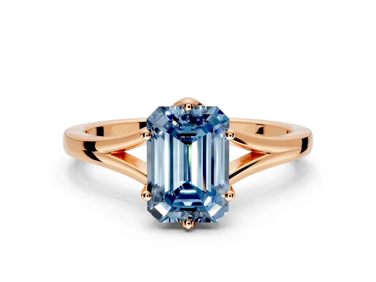 Solitaire Engagement Ring Setting for Fancy Blue Emerald Cut Center with Plain Split Shank and Prong Head in Rose Gold