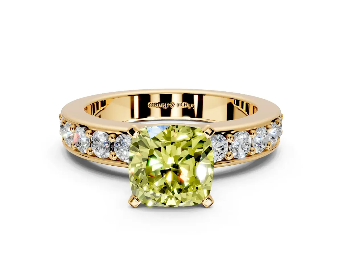 Solitaire Engagement Ring Setting for Fancy Yellow Cushion Cut Center with Channel-Set Accents and Prong Head in Yellow Gold