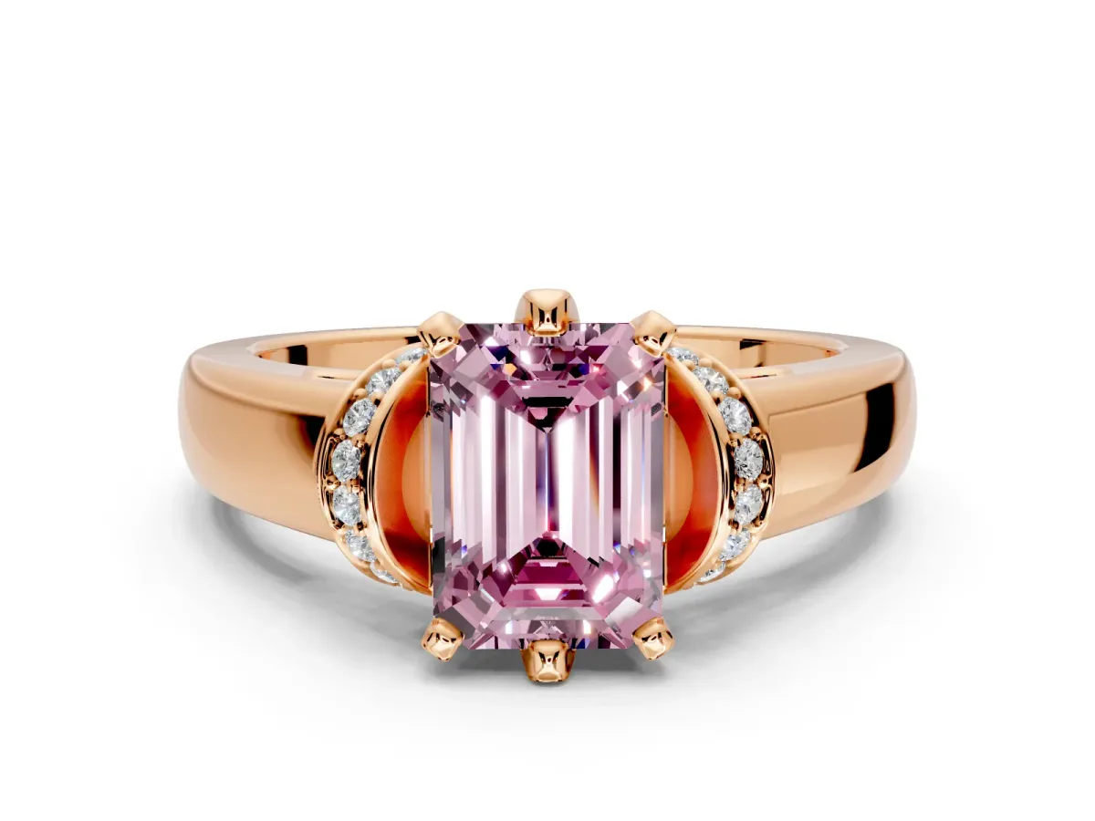 Solitaire Engagement Ring Setting for Fancy Pink Emerald Cut Center with Wide Band, Pave Collar and Prong Head in Rose Gold
