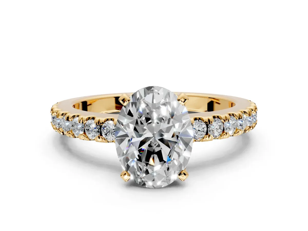 Solitaire Engagement Ring Setting for Oval Center with Single Row Accent Band and Prong Head in Yellow Gold