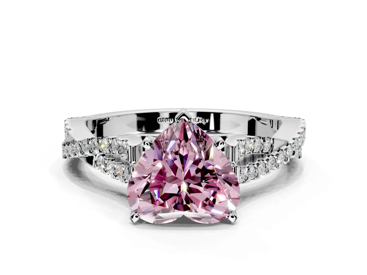 Solitaire Engagement Ring Setting for Fancy Pink Heart-Shaped Center with Twisted Pave Split Shank and Prong Head in White Gold