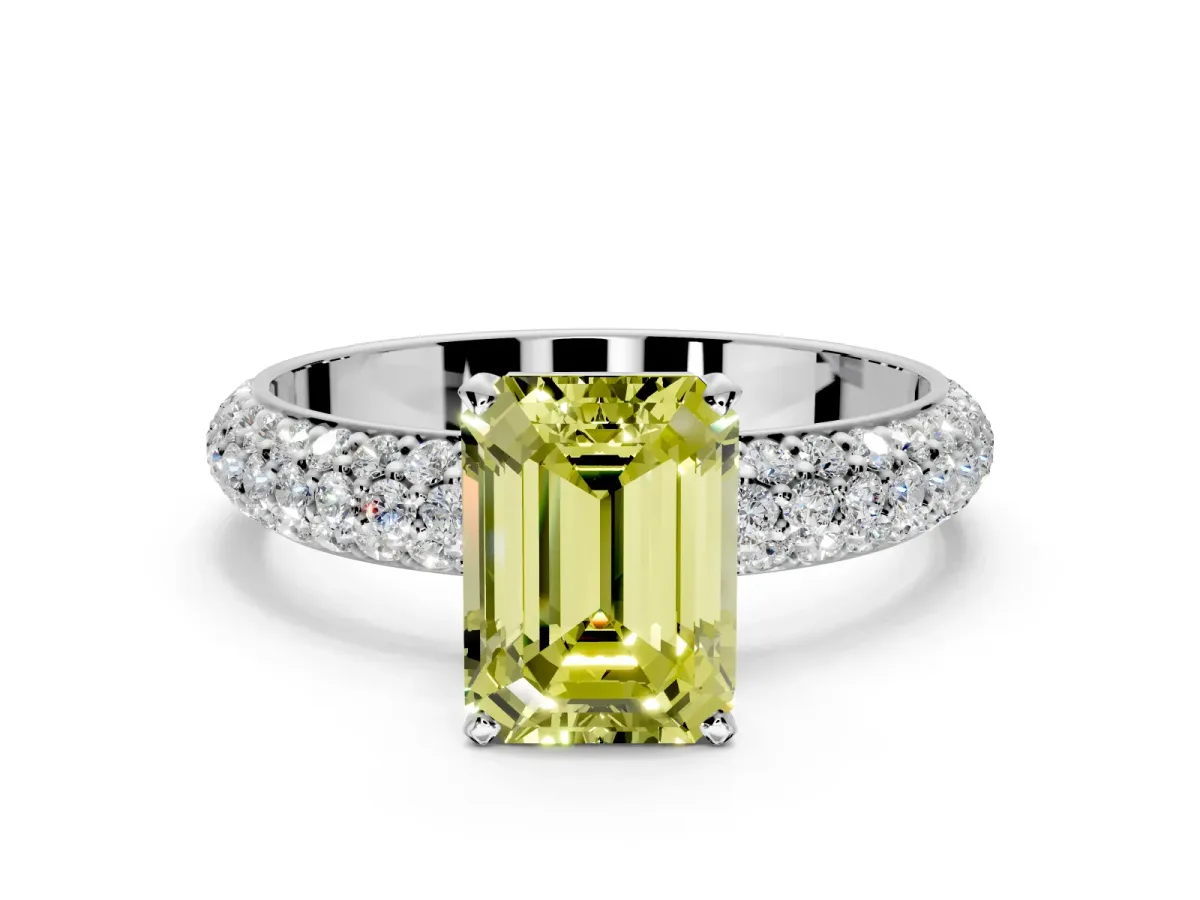 Solitaire Engagement Ring Setting for Fancy Yellow Emerald Cut Center with Domed Multi-Row Pave Band and Prong Head in Sterling Silver