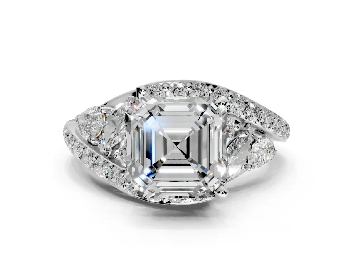 Halo Engagement Ring Setting for Asscher Cut Center with Marquise and Pave Bypass Band and Prong Head in Sterling Silver