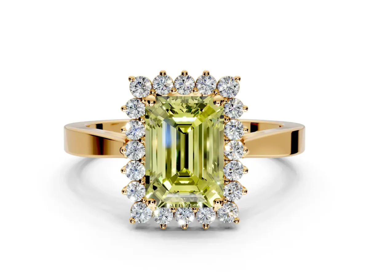 Starburst Halo Engagement Ring Setting for Fancy Yellow Emerald Cut Center with Flat Cathedral Band and Prong Head in Yellow Gold