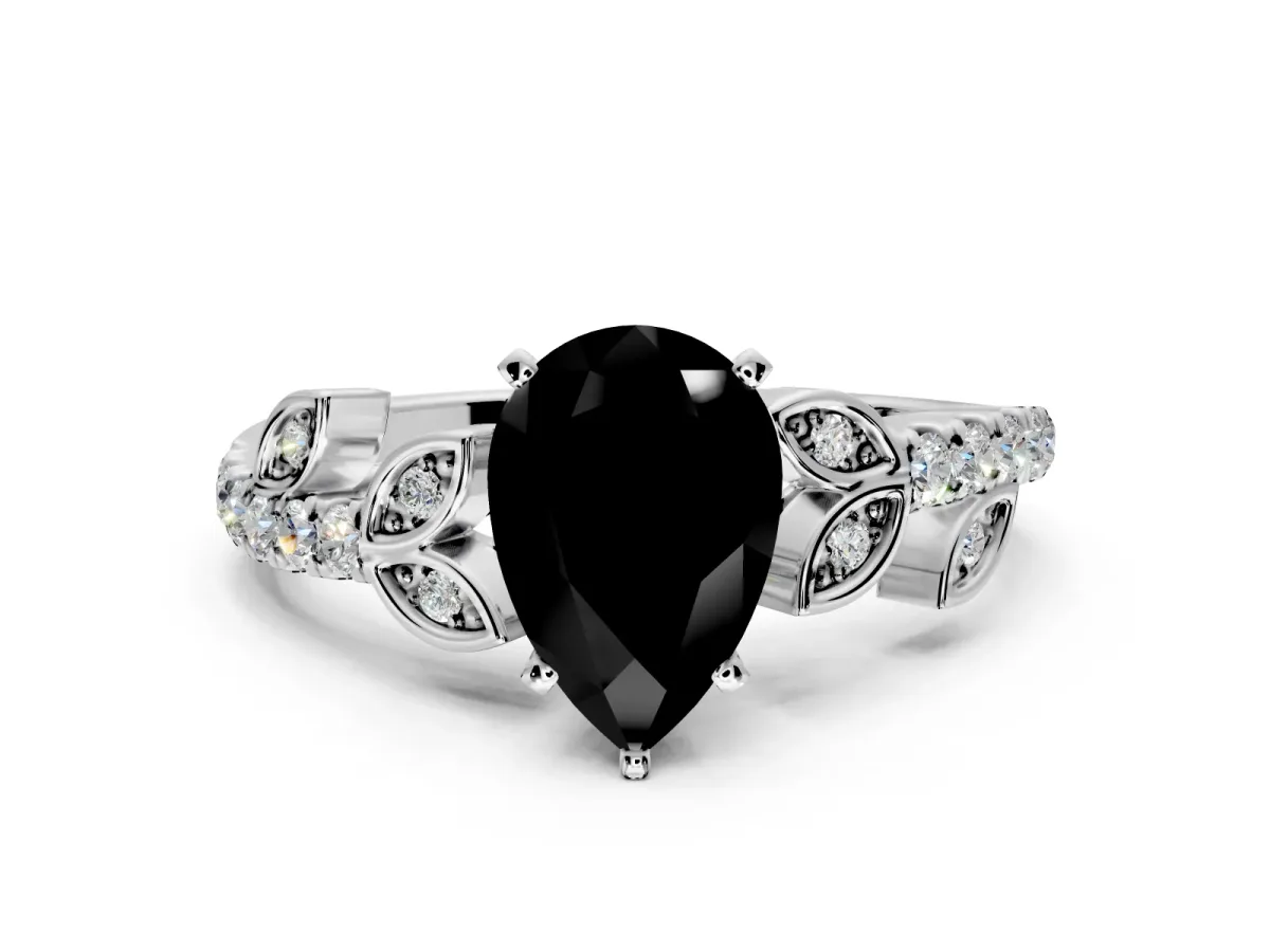 Leaf Motif Engagement Ring Setting for Fancy Black Pear-Shaped Center with Pave Band and Prong Head in Platinum