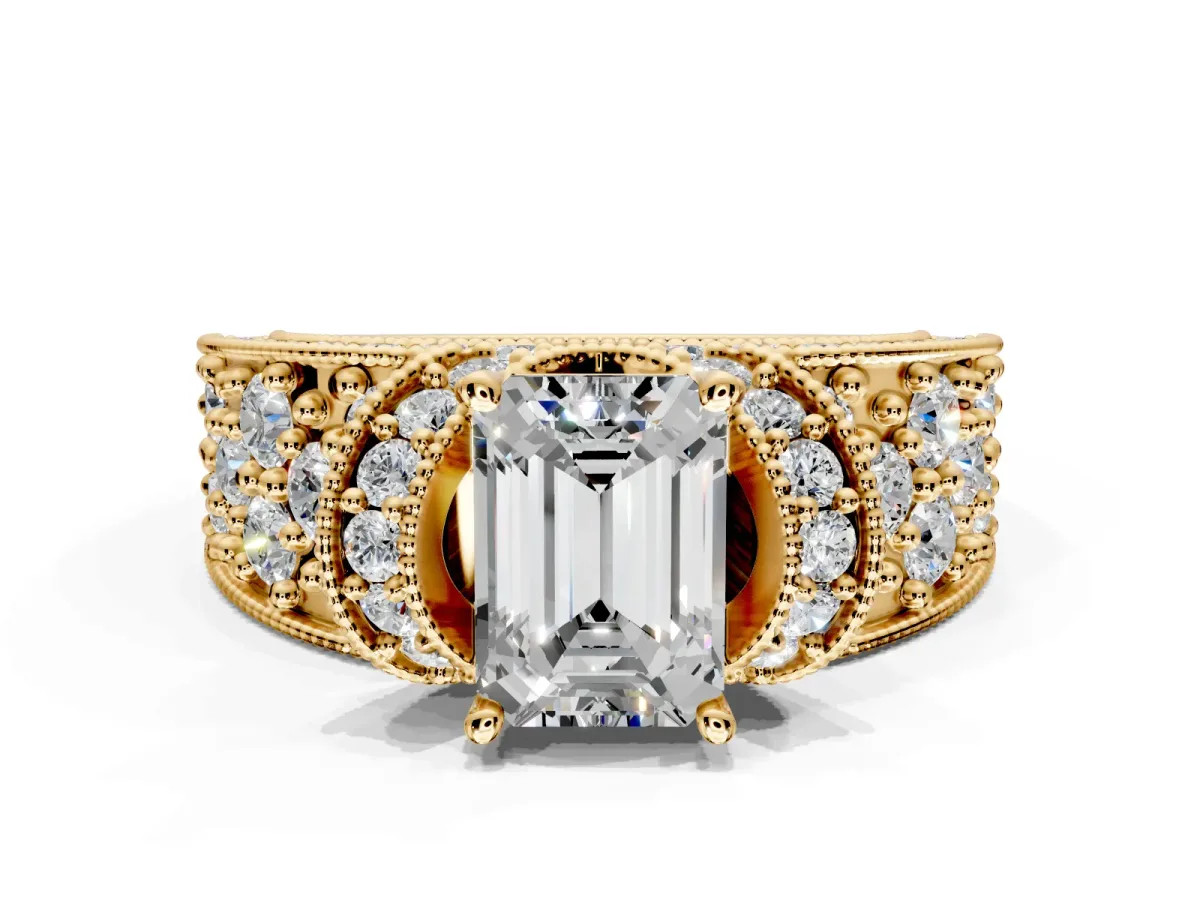 Pave Engagement Ring Setting for Emerald Cut Center with Curved Accent Rows, Openwork and Prong Head in Yellow Gold