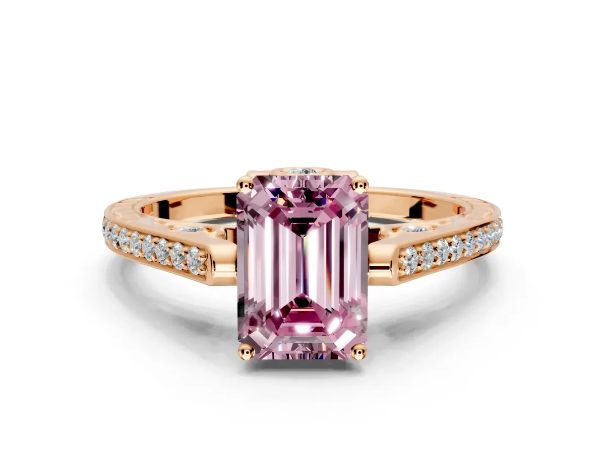 Cathedral Engagement Ring Setting for Fancy Pink Emerald Cut Center with Antique-Style Pave Band and Prong Head in Rose Gold