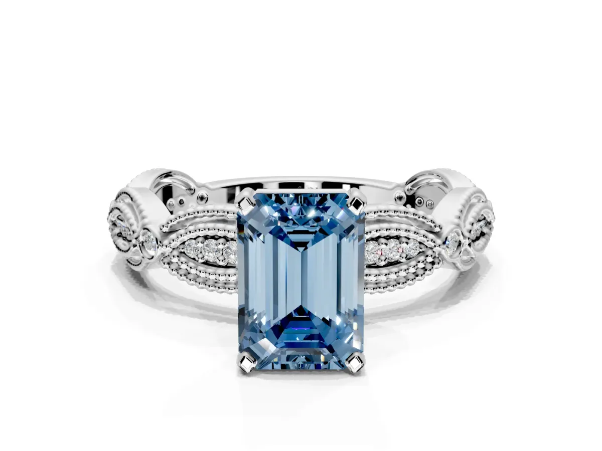 Solitaire Engagement Ring Setting for Fancy Blue Emerald Cut Center with Marquise Panel Band and Prong Head in Platinum