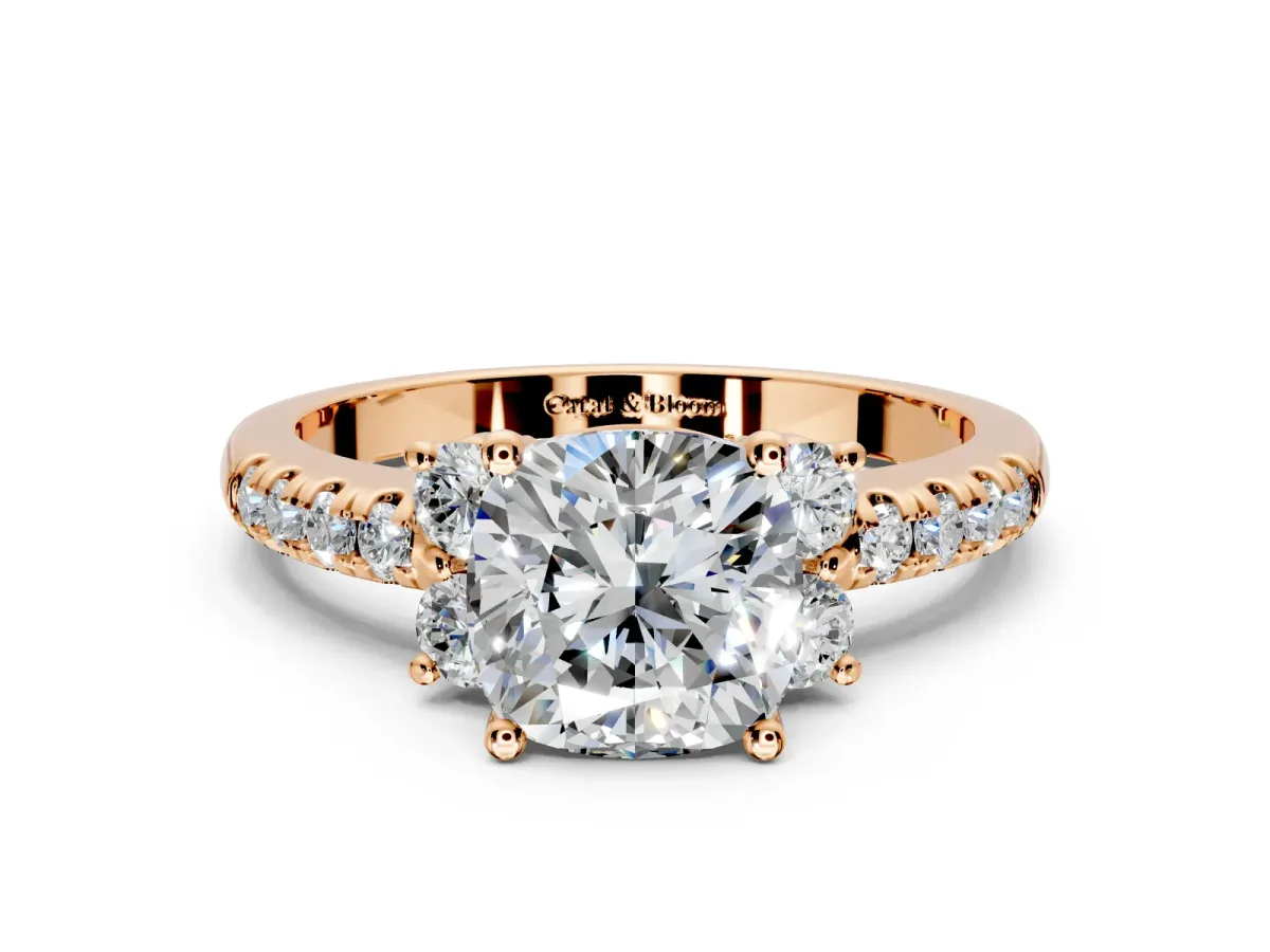 Paired Accent Engagement Ring Setting for Cushion Cut Center with Pave Band and Prong Head in Rose Gold