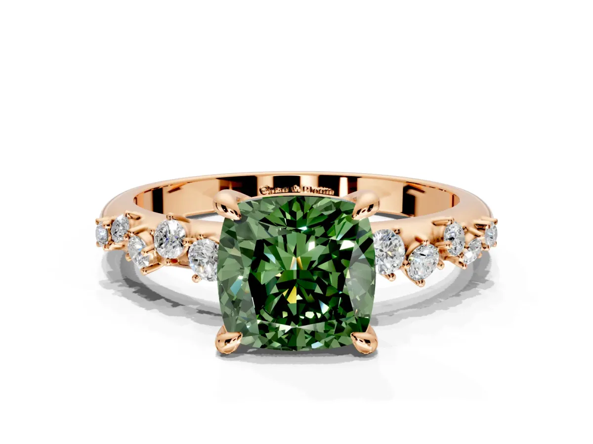 Solitaire Engagement Ring Setting for Fancy Green Cushion Cut Center with Trailing Leaf Accent Band and Prong Head in Rose Gold