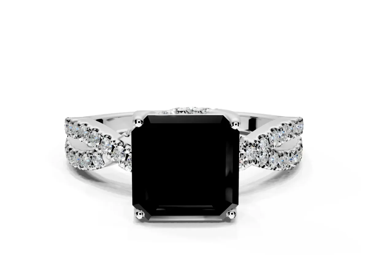 Solitaire Engagement Ring Setting for Fancy Black Asscher Cut Center with Narrow Twist Pave Band and Prong Head in White Gold