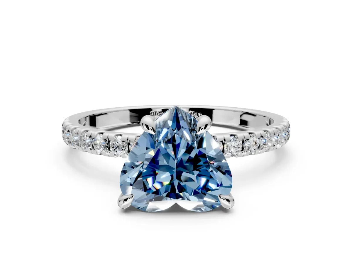 Solitaire Engagement Ring Setting for Fancy Blue Heart-Shaped Center with Fine Pave Narrow Band and Prong Head in Platinum