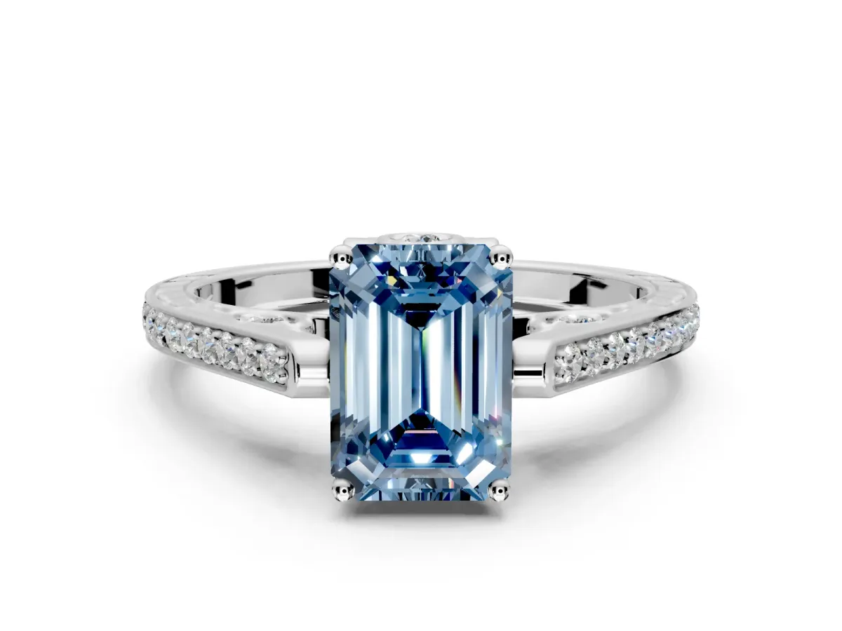 Cathedral Engagement Ring Setting for Fancy Blue Emerald Cut Center with Antique-Style Pave Band and Prong Head in Platinum
